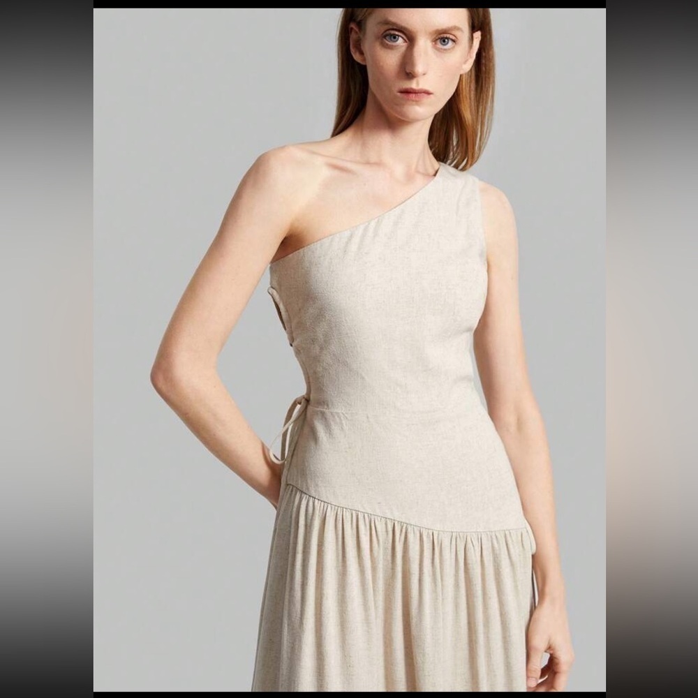 Elegant Khaki Linen One-Shoulder Dress - Picture 9 of 9